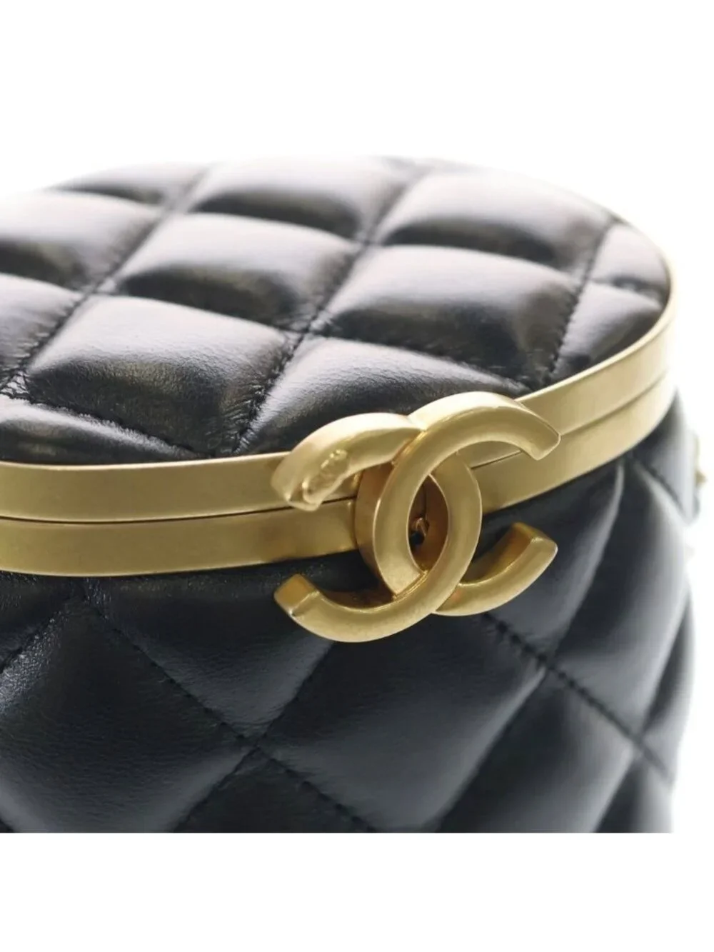 Chanel Crown Box Vanity Lambskin Leather Chain Shoulder Bag Gold Black Plate